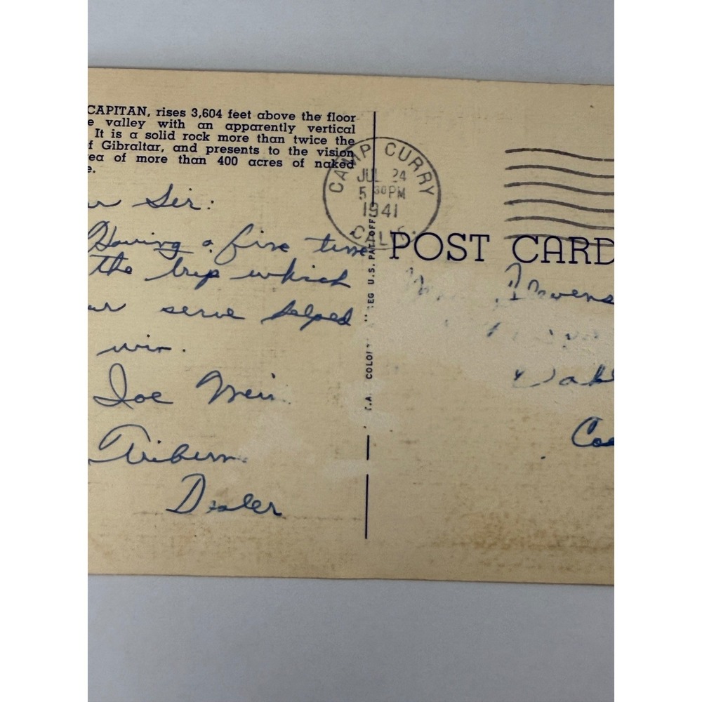 1941 Yosemite National Park El Capitan Linen Postcard Camp Curry Postmark 317 - Picture 12 of 14